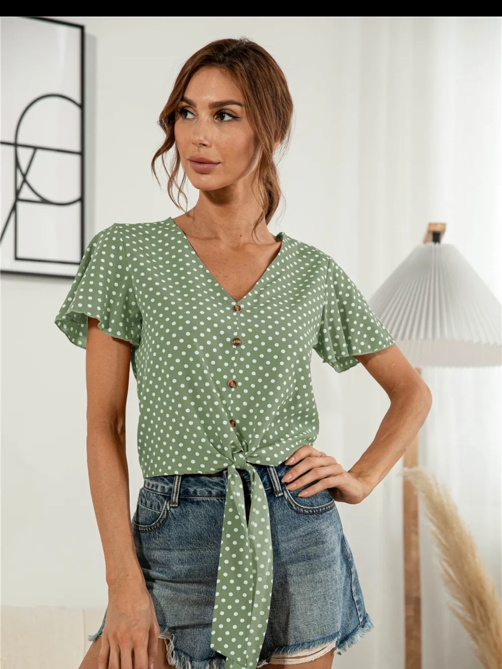 Sage Polka Dot Tie-Front V-Neck Crop Top
